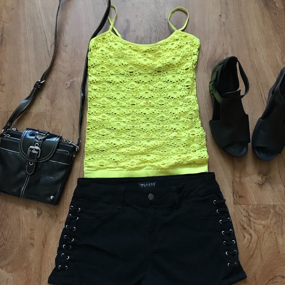 ❤️❤️2 Hearts Neon Yellow Stretch Lace Tank Top Spaghetti Straps Bralette Liner